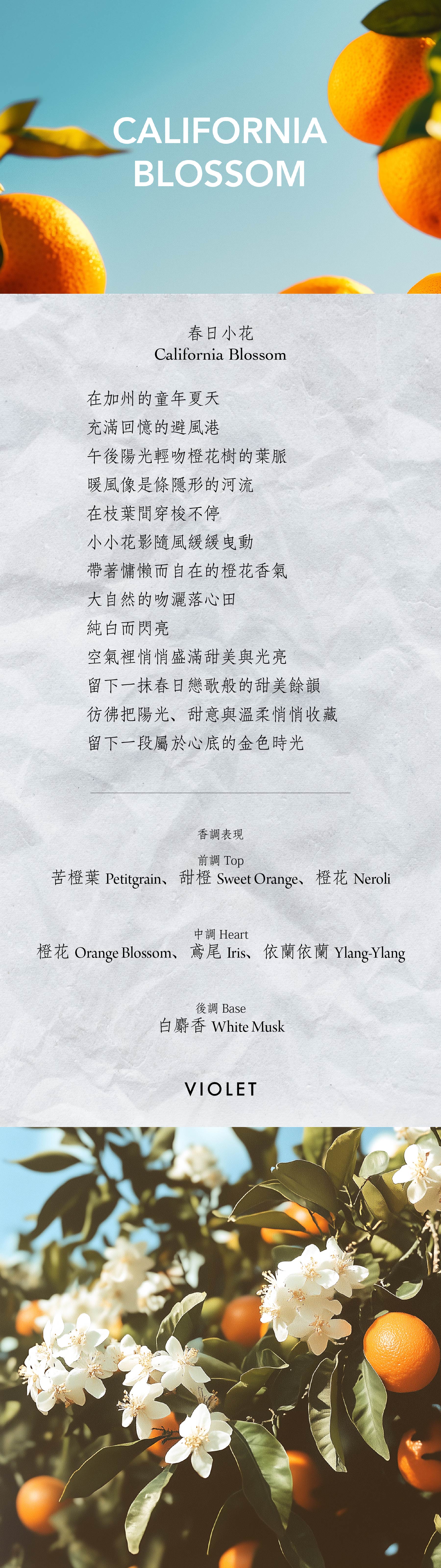 California Blossom 春日小花

在加州的童年夏天
充滿回憶的避風港
午後陽光輕吻橙花樹的葉脈
暖風像是條隱形的河流
在枝葉間穿梭不停
小小花影隨風緩緩曳動
帶著慵懶而自在的橙花香氣
大自然的吻灑落心田
純白而閃亮
空氣裡悄悄盛滿甜美與光亮
留下一抹春日戀歌般的甜美餘韻
彷彿把陽光、甜意與溫柔悄悄收藏
留下一段屬於心底的金色時光

**香氣表現**
前調：苦橙葉、甜橙、橙花
中調：橙花、鳶尾、依蘭依蘭
後調：白麝香
Top notes: Petitgrain, sweet orange, neroli
Heart notes: Orange blossom, iris, ylang-ylang
Base note: White musk