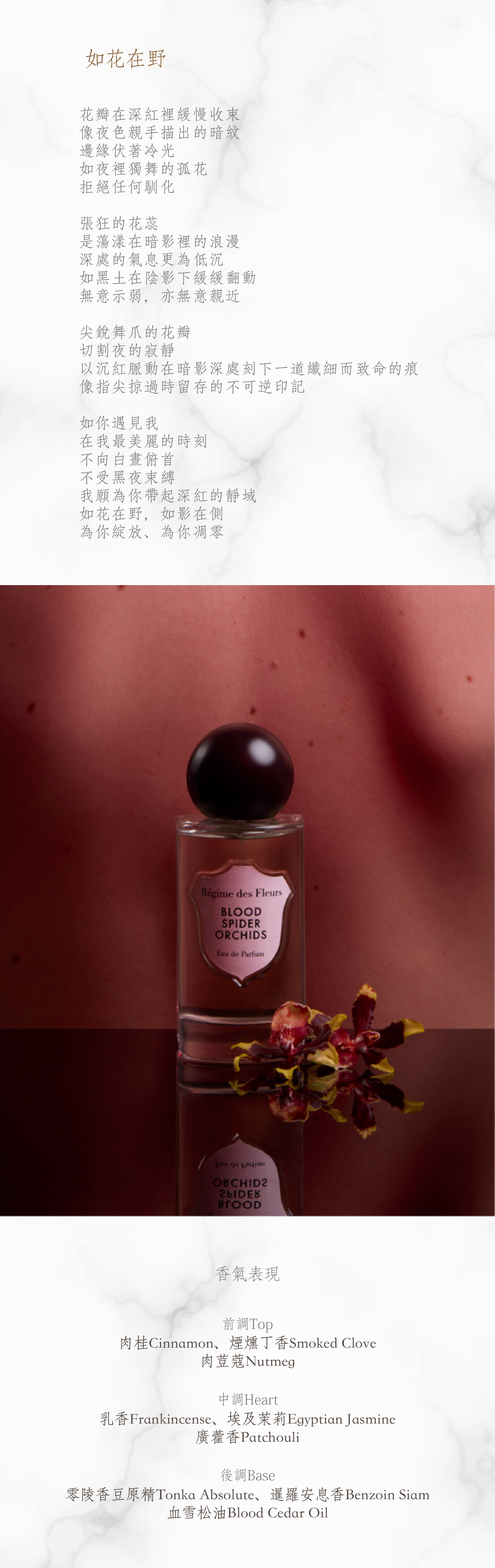 Blood Spider Orchids 如花在野

花瓣在深紅裡緩慢收束
像夜色親手描出的暗紋
邊緣伏著冷光
如夜裡獨舞的孤花
拒絕任何馴化

張狂的花蕊
是蕩漾在暗影裡的浪漫
深處的氣息更為低沉
如黑土在陰影下緩緩翻動
無意示弱，亦無意親近

尖銳舞爪的花瓣
切割夜的寂靜
以沉紅脈動在暗影深處刻下一道纖細而致命的痕
像指尖掠過時留存的不可逆印記

如你遇見我
在我最美麗的時刻
不向白晝俯首
不受黑暗束縛
我願為你帶起深紅的靜域
如花在野，如影在側
為你綻放、為你凋零

**香氣表現**

前調：肉桂、煙燻丁香、肉荳蔻
中調：乳香、埃及茉莉、廣藿香
後調：零陵香豆原精、暹羅安息香、血雪松油

Top: Cinnamon, Smoked Clove, Nutmeg
Heart: Frankincense, Egyptian Jasmine, Patchouli
Base: Tonka Absolute, Benzoin Siam, Blood Cedar Oil