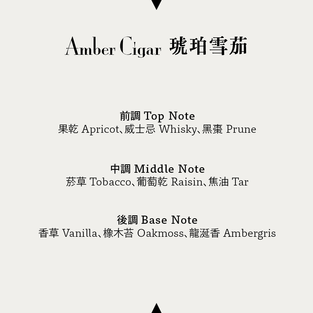 琥珀雪茄 Amber Cigar
前調：果乾Apricot 威士忌 Whisky 黑棗Prune
中調：菸草Tobacco 葡萄乾Raisin 焦油Tar 
後調：香草Vanilla 橡木苔Oakmoss 龍涎香 Ambergris 