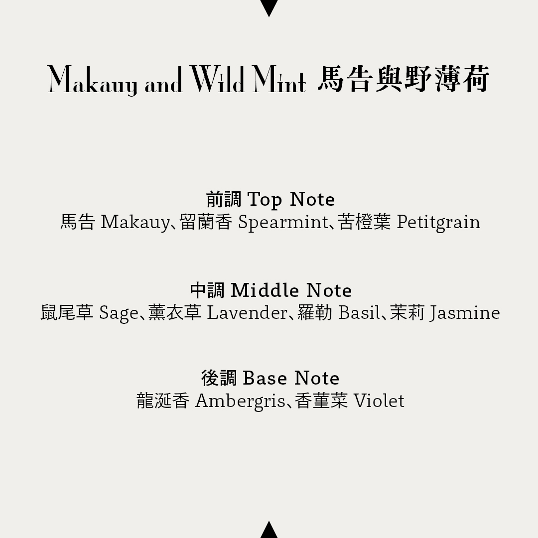 馬告與野薄荷 Makauy and Wild Mint
前調：馬告Makauy 留蘭香 Spearmint 苦橙葉Petitgrain 
中調：鼠尾草Sage 薰衣草Lavender 羅勒Basil 茉莉Jasmine 
後調：龍涎香Ambergris 香堇菜Violet 